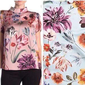 J. Crew • Blue Drapey Mockneck Floral Satin Short Sleeve Blouse